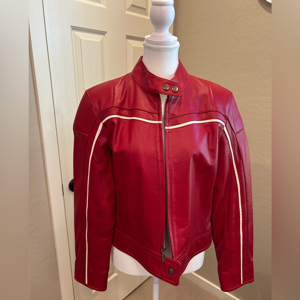 Red Leather Cropped Jacket, Size Large